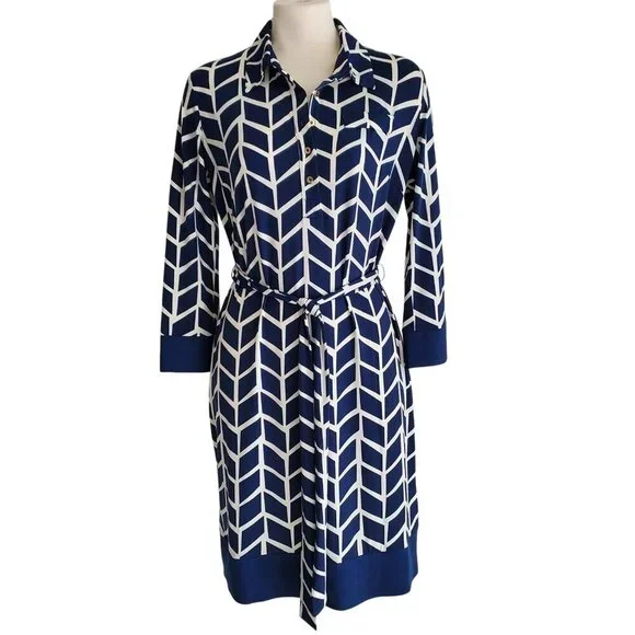 Donna Morgan Career Dress Blue & White Abstract Print with Self Tie Size 4 - Picture 2 of 16